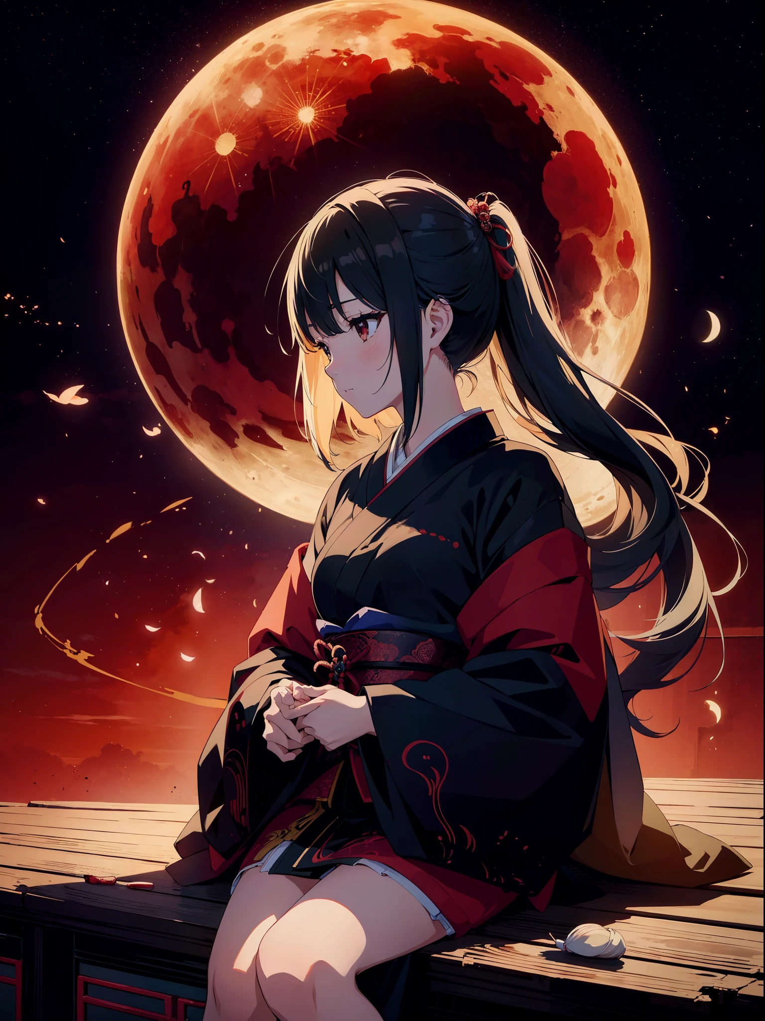 1 girl, shuimobysim, traditional chinese ink painting, sitting, cowboy shot, Japanese clothing, full-moon, high resolution,(incredibly absurdres), (hires.fix:1.3),anime visual,ultra detailed CG unity 8k wallpaper, ((masterpiece)), ((top-quality)), (beautiful illustration), ((an extremely delicate and beautiful))