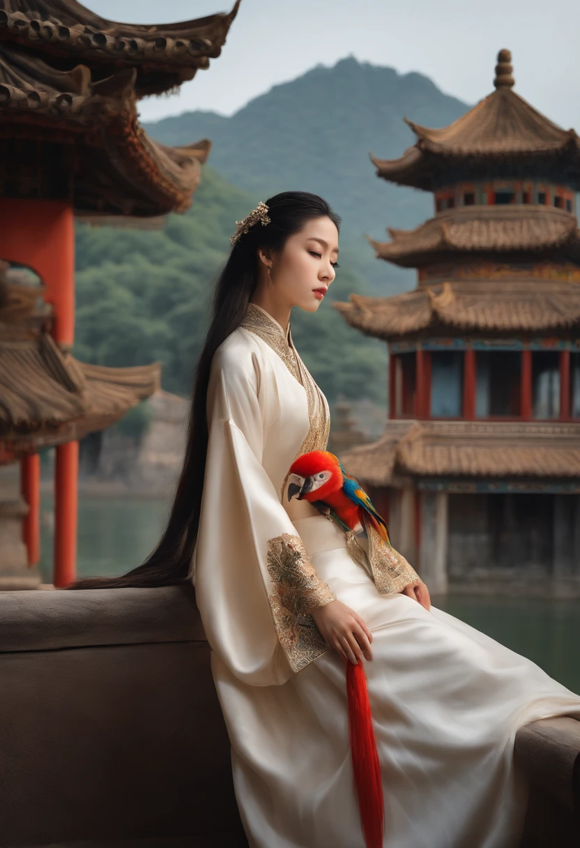 fashion magazine,ultrarealism oil painting,(macaw),Chinese long haired young girl,Hanfu,Ancient Chinese buildings and rivers cover background,The style of artist Pan Honghai,Huge round chest,Shiny black hair,cowboy lens,Verism