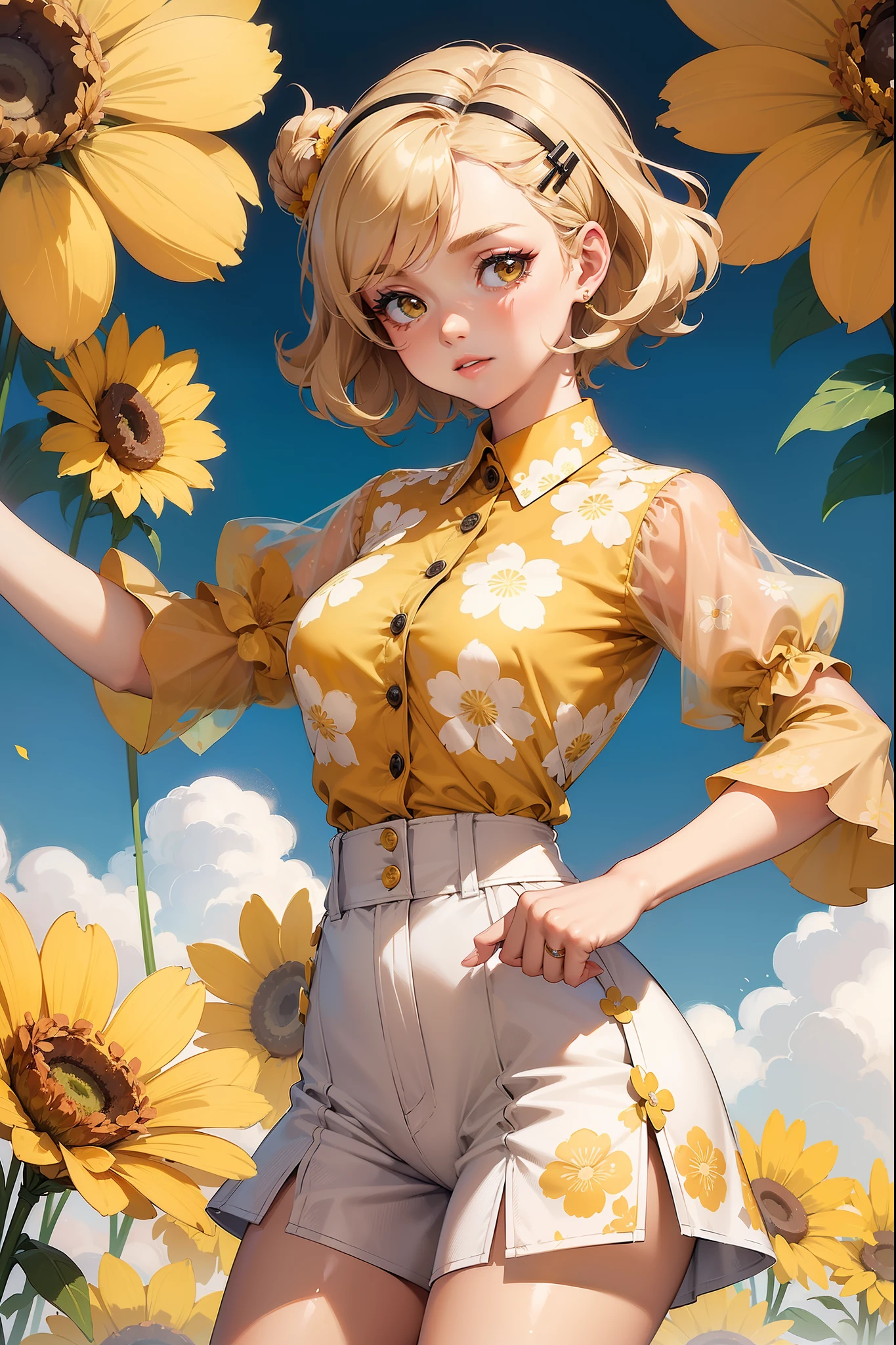 (((Masterpiece))), a top influencer woman, top quality, super detailed, cute and spunky, retro 60's style, fair skin, short curly blonde hair with flower clips, yellow button up crop top transparent floral print sleeves, tan high waist button up shorts, skating rink background