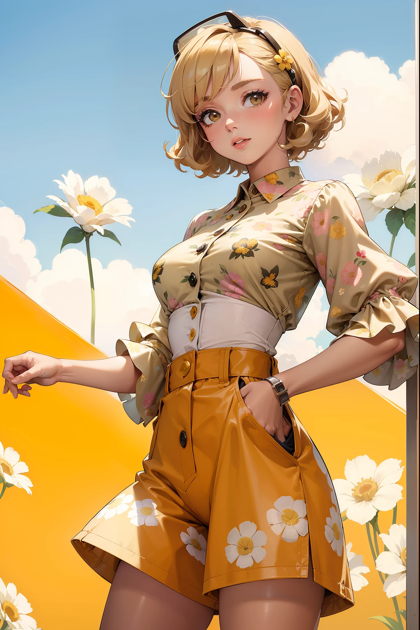 (((Masterpiece))), a top influencer woman, top quality, super detailed, cute and spunky, retro 60's style, fair skin, short curly blonde hair with flower clips, yellow button up crop top transparent floral print sleeves, tan high waist button up shorts, skating rink background