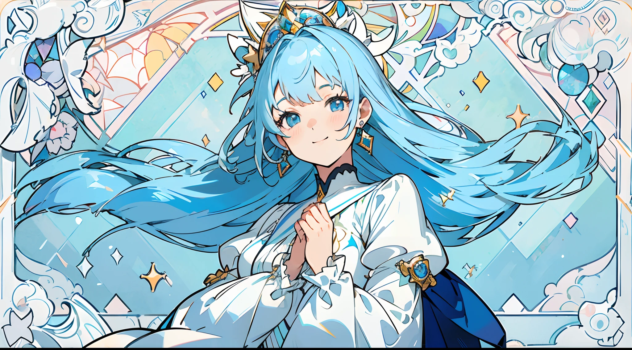 (The skin is not exposed, Long sleeve blouse with ruffles), (Solo), Very cute girl (1), Colorful stained glass on background, Classic, Rose,Thorn vine,sunlight shining through, ((Super long blue hair, Earring Color)), (Super smile), Dynamism, (Blue eyes), (kirakira) (Detail Objects)Close-up angle of the face