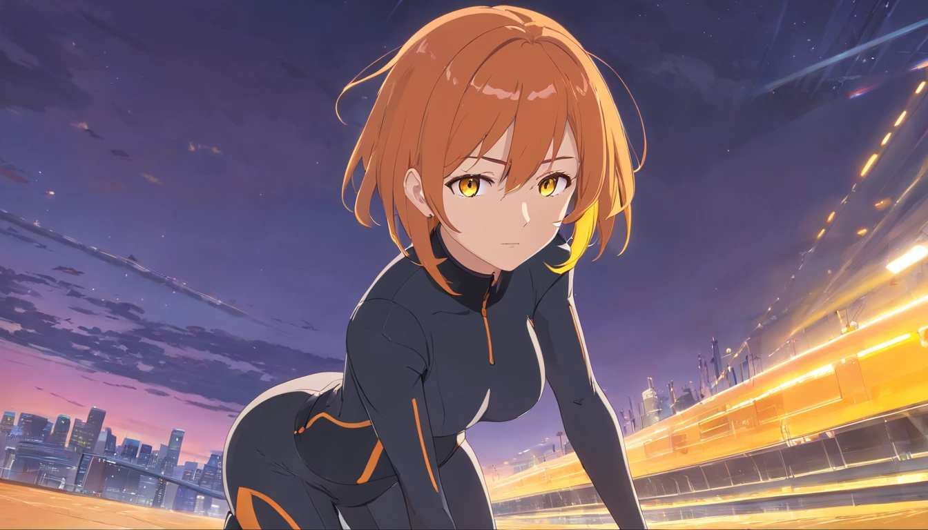 1 female、Orange hair、large brests、big boot、Black rubber suit、yellow eyes、Short Bob