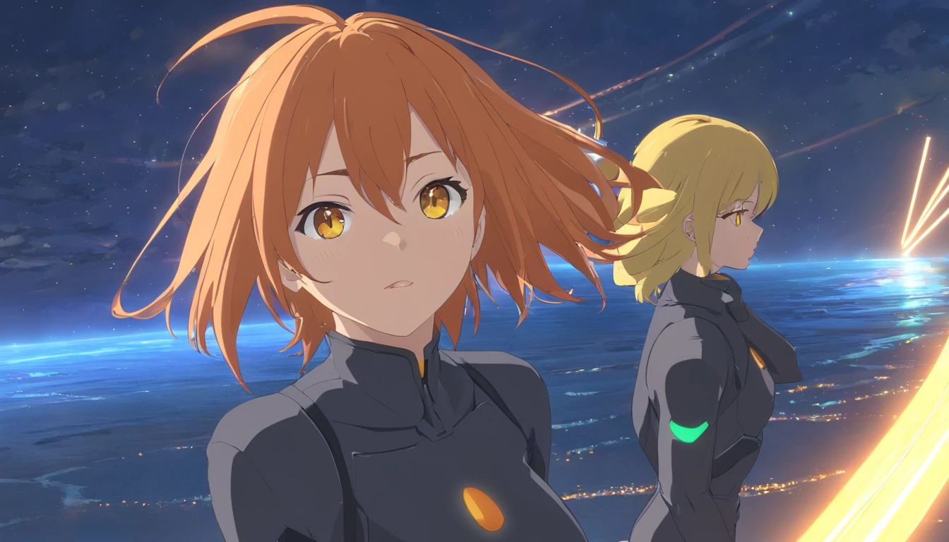 1 female、Orange hair、large brests、big boot、Black rubber suit、yellow eyes、Short Bob