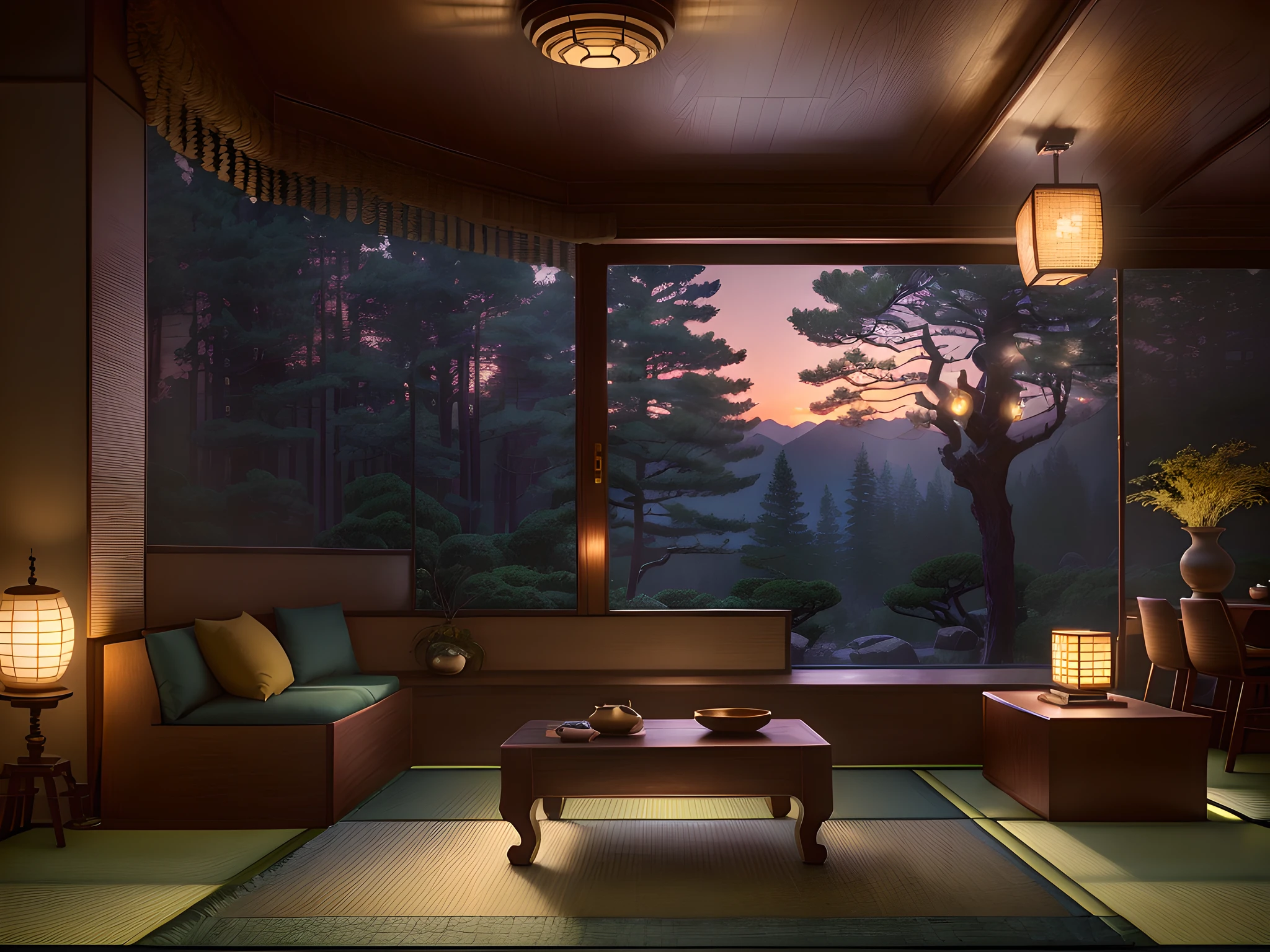 twilight, twilight sky, artificial light, interior of livingroom, sofa, armchair, coffee table, drapes, window, door, standing lamp, chandelier, decoration, rug, banister and stair, frame, sound system and speaker, television, vase, wall unit, (japanese tradition style), nice zen garden, (quiet:1.2),ahart pine trees, RAW photo, 8k uhd, dslr, soft lighting, high quality, film grain, Fujifilm XT3