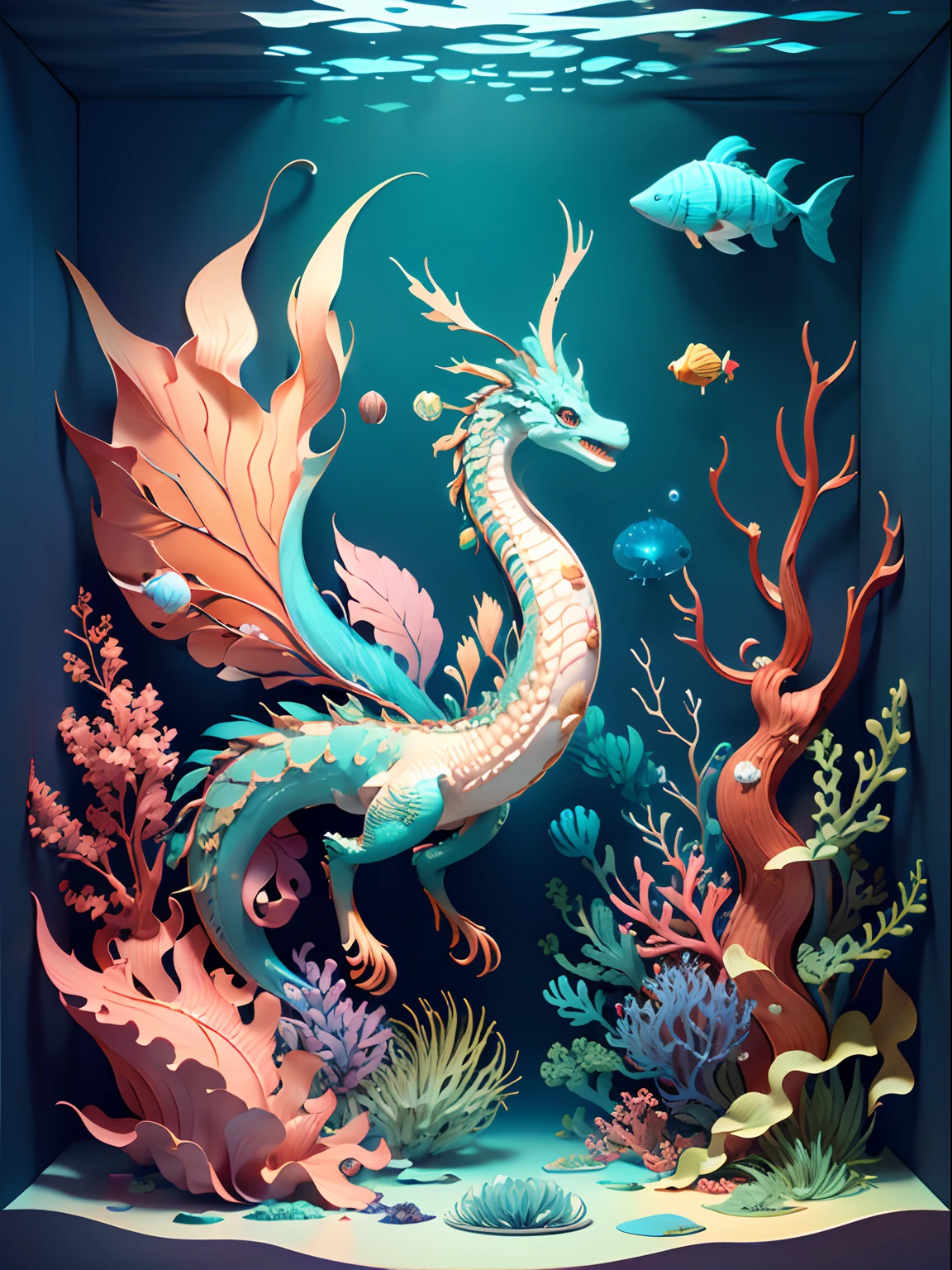 3D image of a pastel-colored sea dragon surrounded by plants and seaweed。hight resolution。A small jellyfish is floating in the water。cosmic space