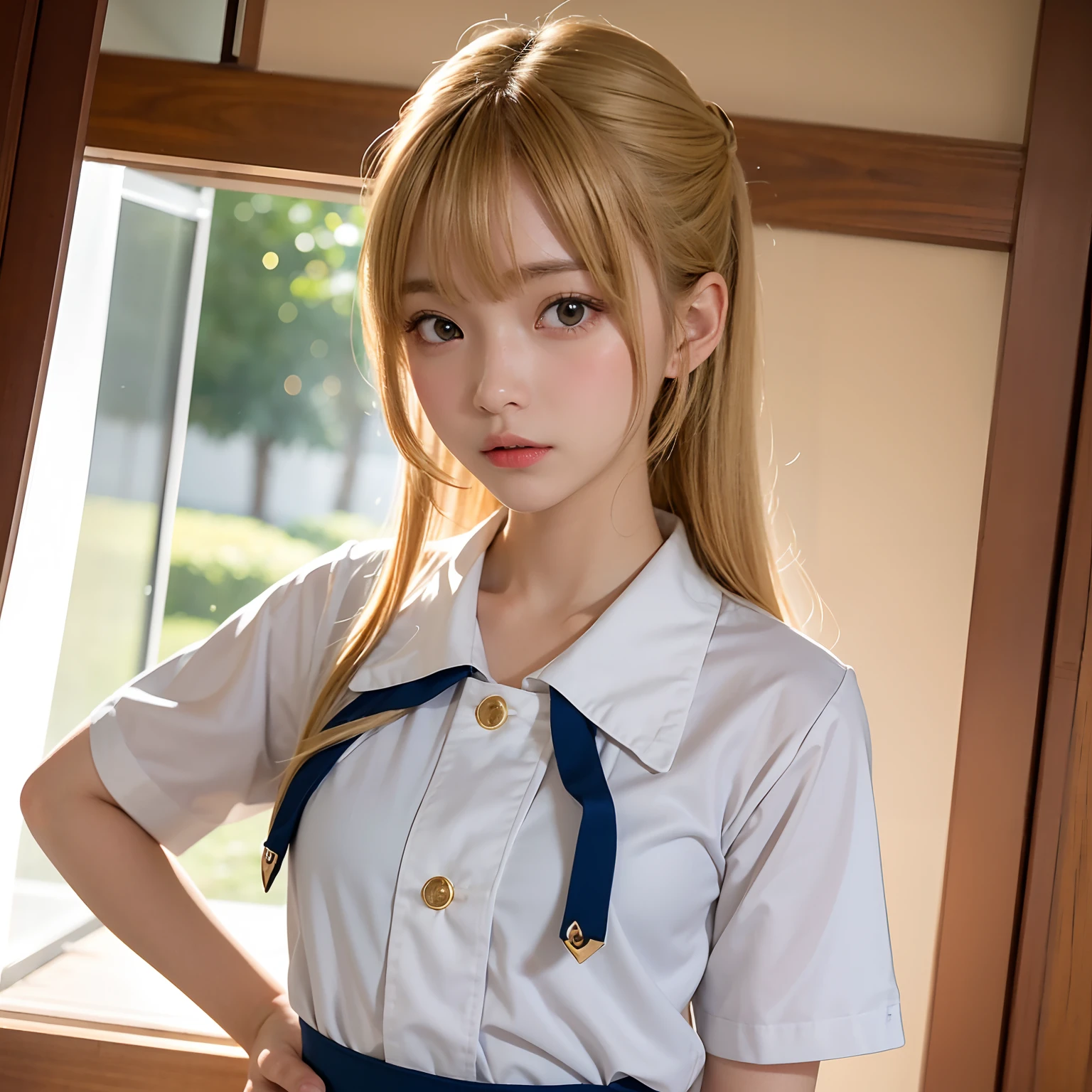 (masutepiece, Best Quality:1.2), 8K, Official art, Raw photo, Full Bord Bill Four、校服、Have a broom and duster、Cleaning scene、Wear it with a broom、Beautiful breasts are thin、years、small tits、unbelievable Ridiculous, (Upper body、校服:1.4), Beautiful Girl, Pretty Face, arching back down,、Gold hair ornament on hair、close up, Sailor Suit, Short sleeve, violaceaess, Teen, Looking at Viewer, Film grain, chromatic abberation, Sharp Focus, face lights, Dynamic lighting, Cinematic lighting, Eyes and faces with detailed, Bokeh background,