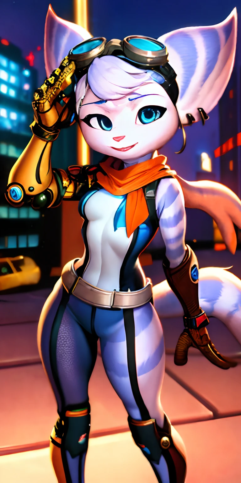 1girl, furry, rivetlombax, blue eyes, animal ears, earrings, goggles on head, bangs, mechanical arms, scarf, bodysuit, belt, tail, city