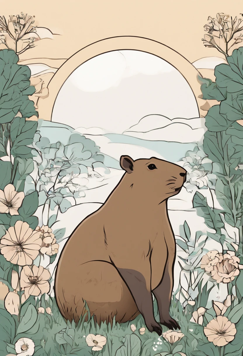 Real photos, photography, 65° viewing angle, real light and shadow, outdoor, close-up, lawn, sunny day, simple background, flowers, trees, realistic details, 8K high-definition pictures, circular platform::2, capybara wearing crown
