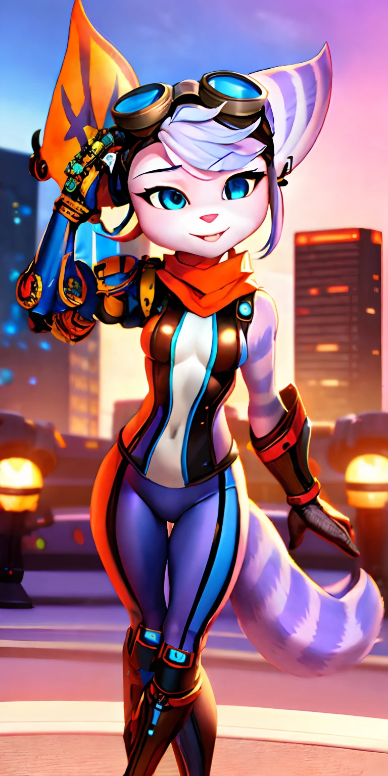 1girl, furry, rivetlombax, blue eyes, animal ears, earrings, goggles on head, bangs, mechanical arms, scarf, bodysuit, belt, tail, city