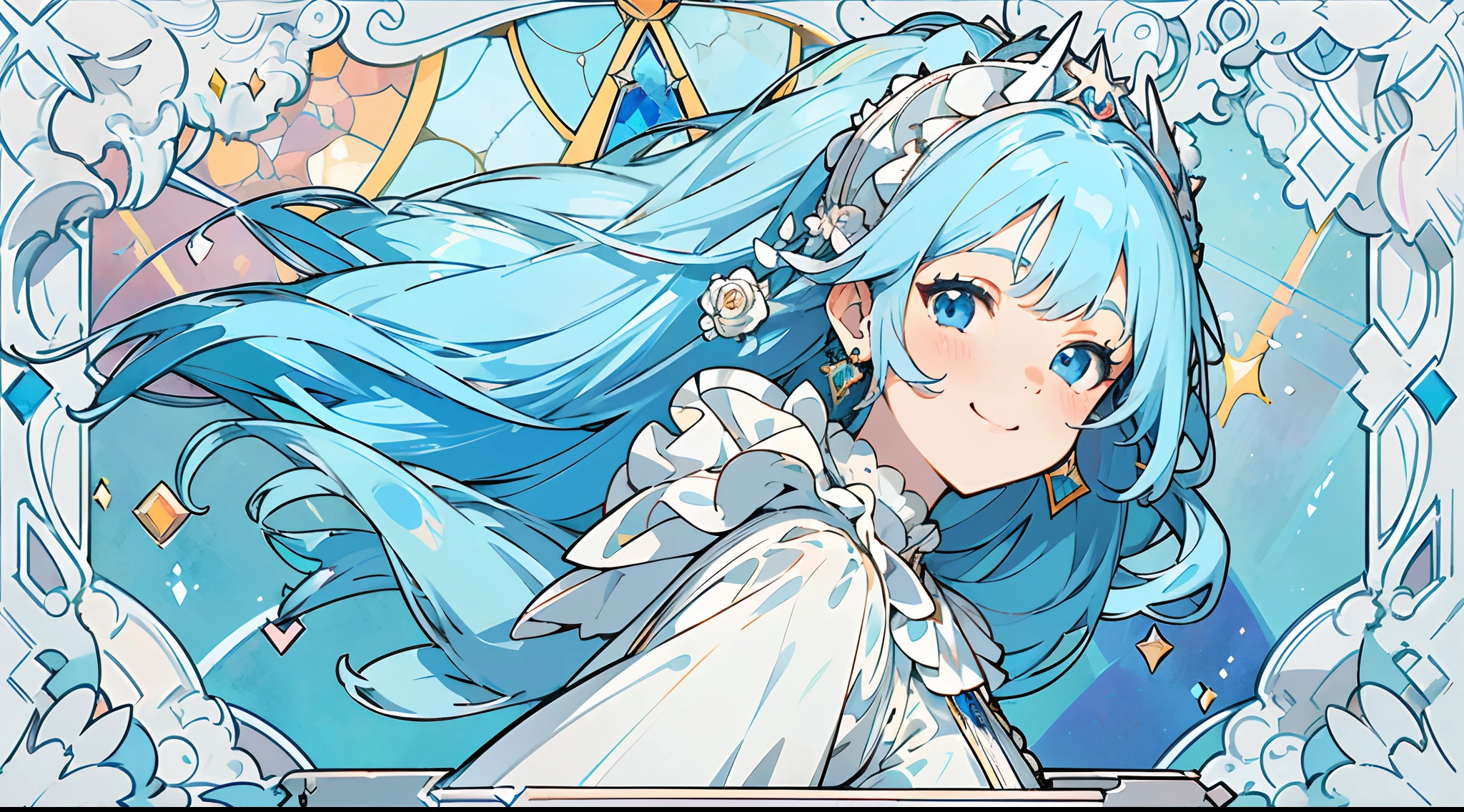 (The skin is not exposed, Long sleeve blouse with ruffles), (Solo), Very cute girl (1), Colorful stained glass on background, Classic, Rose,Thorn vine,sunlight shining through, ((Super long blue hair, Earring Color)), (Super smile), Dynamism, (Blue eyes), (kirakira) (Detail Objects)Close-up angle of the face
