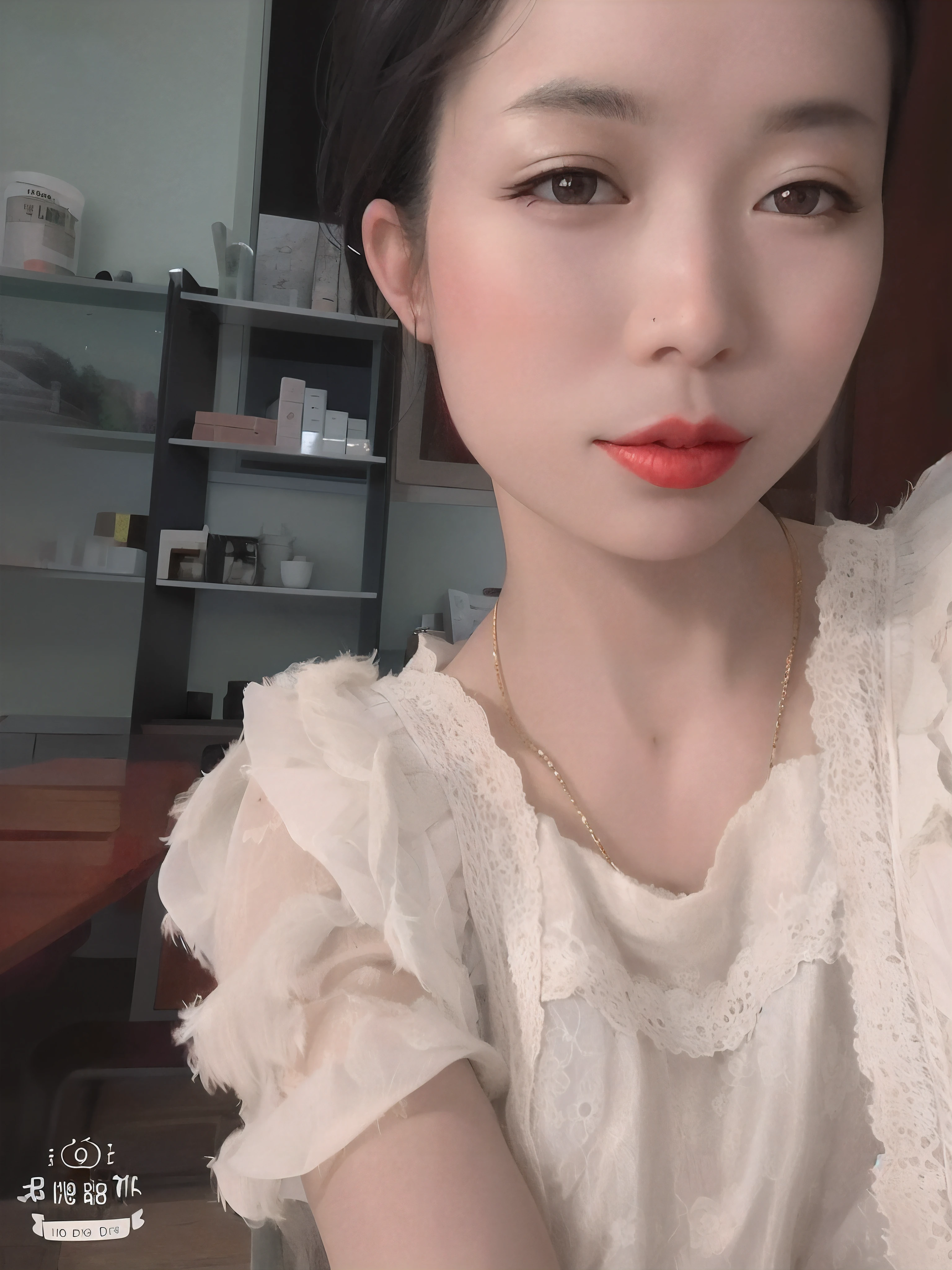 there is a woman with a red lipstick posing for a picture, faint red lips, dang my linh, both have red lips, red lips, light-red lips, with very thin lips, small and thick red lips, big red lips, profile image, mai anh tran, in style of lam manh, thick red lips, red lipstick on face