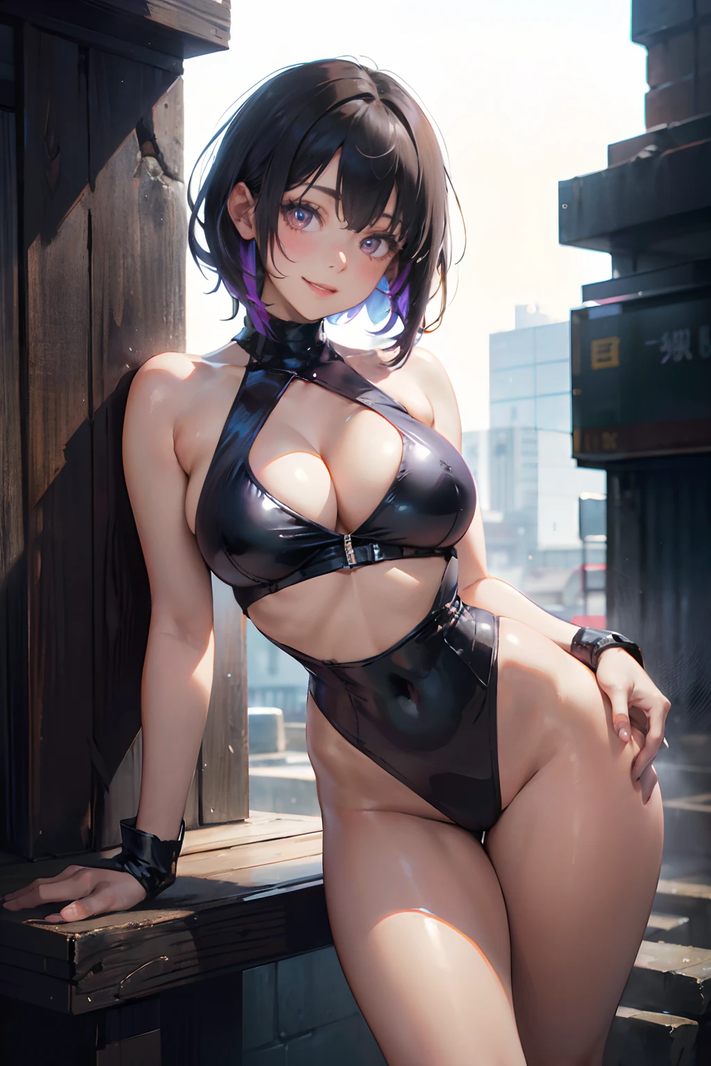 a 20 yo woman、Black-haired head hair、Bery short hair、Big smile、cleavage of the breast、Thighs at a glance、Purple leotard with open chest(hi-top fade:1.3)、dark themed、Muted Tones、Subdued Color、highly contrast、(natural skin textures、Hyper-Realism、Soft light、sharp)