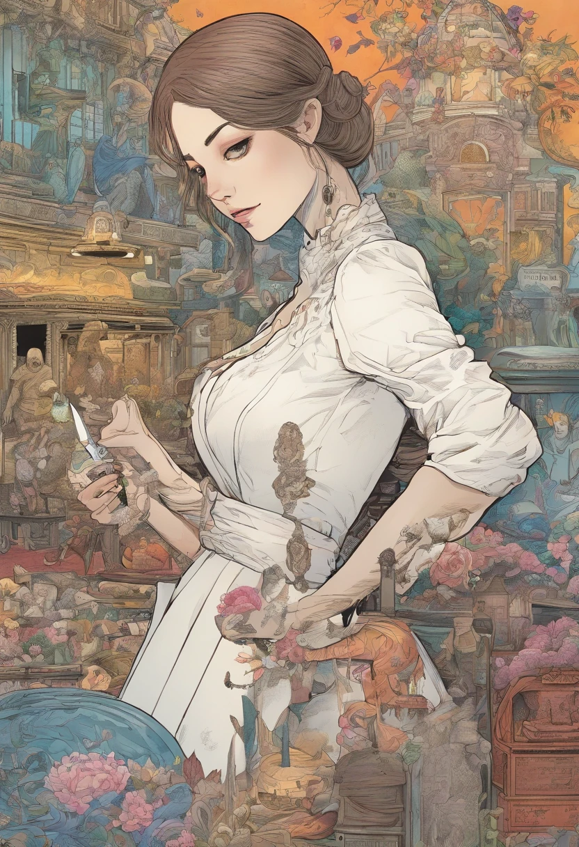 manga, junji ito style. Page 1, London 19th century setting, a girl in white dress talking to a tall man in a top hat. Page 2, man pulls a knife and kills the woman, a moving scene with a lot of fighting. Page 3, man eats woman's remains. END.