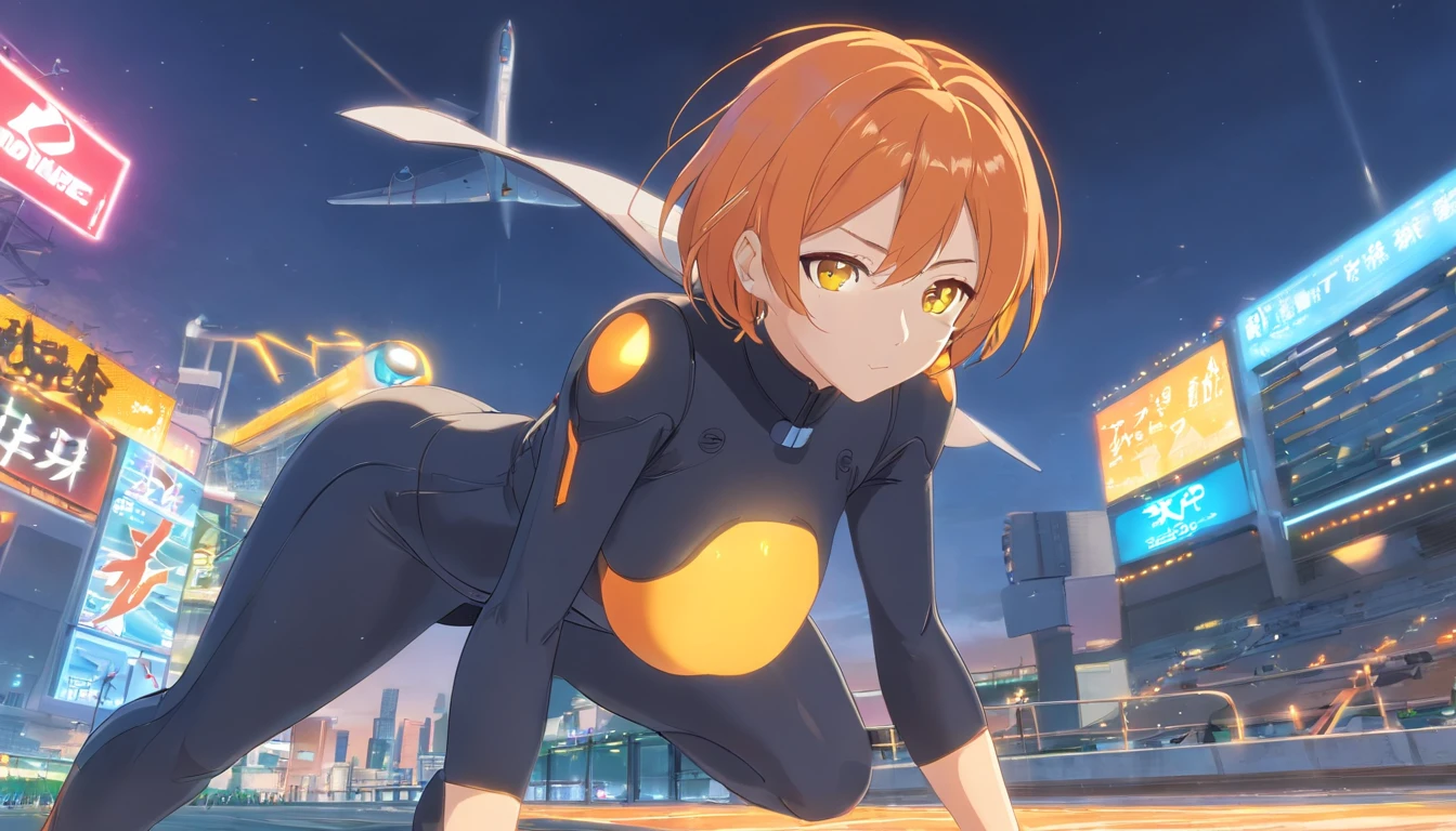 1 female、Orange hair、large brests、huge ass、Black rubber suit、Yellow Eyes - Short Bob