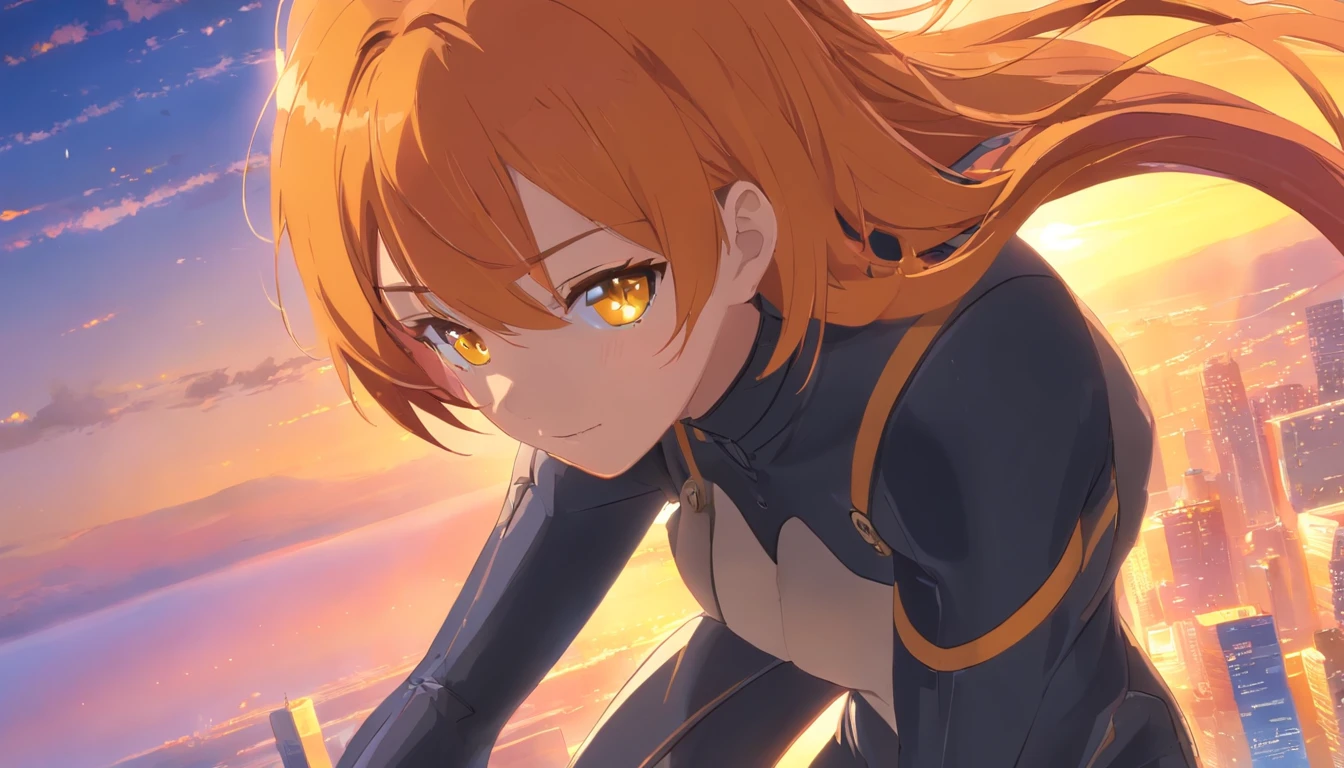 1 female、Orange hair、large brests、huge ass、Black rubber suit、Yellow Eyes - Short Bob