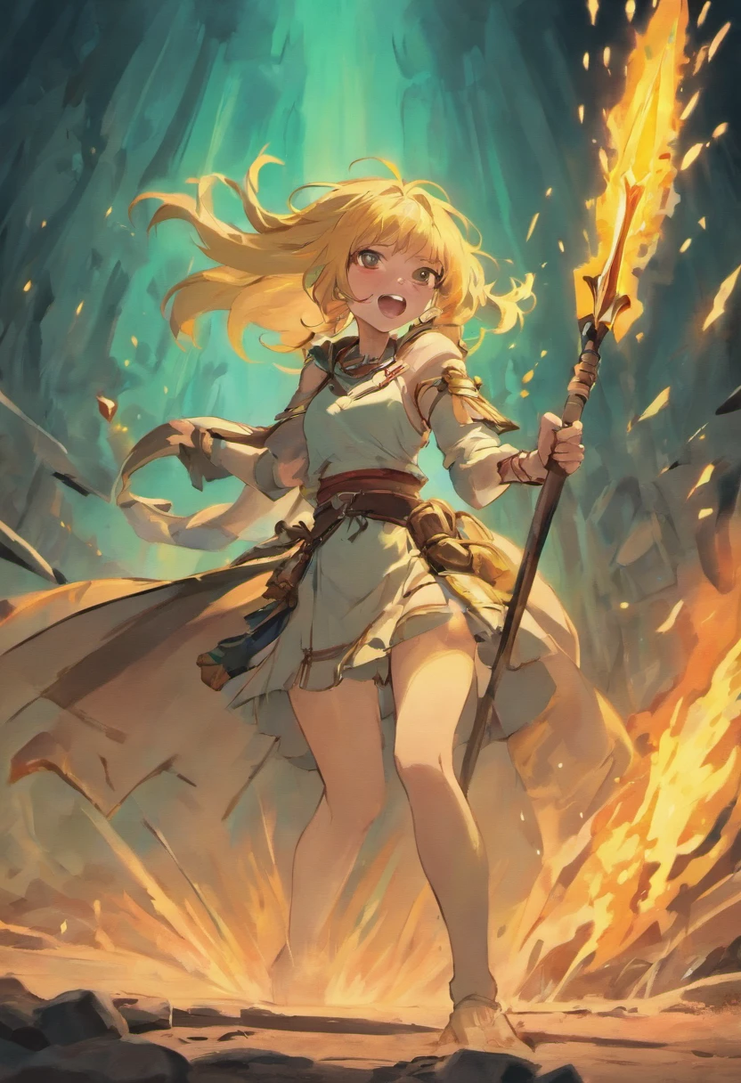 yellow hair goopy slimes, <lora:slimes_realistic-1:1>,"A girl with a frown, holding a red spear in her hand, flying in the air in a sci-fi and anime style similar to Genshin Impact.", 8k, highly detailed, volumetric lighting, digital paintin