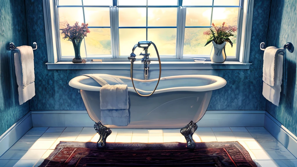 ((Masterpiece, hiquality, absurdress), (Masterpiece, Best Quality, hight resolution, Ultra-detailed), intricate detials, Modern stylish bathroom with large bathtub, A sink with a mirror above it, Toilet, Trouble, Light walls, Light ceiling, Light floor, Large carpet on the floor, clothes dryer, Bathrobe, Towel, towel shelf, toothbrush and toothpaste, Children's bathing circle, Flower on the windowsill, Without people, NOhumans,