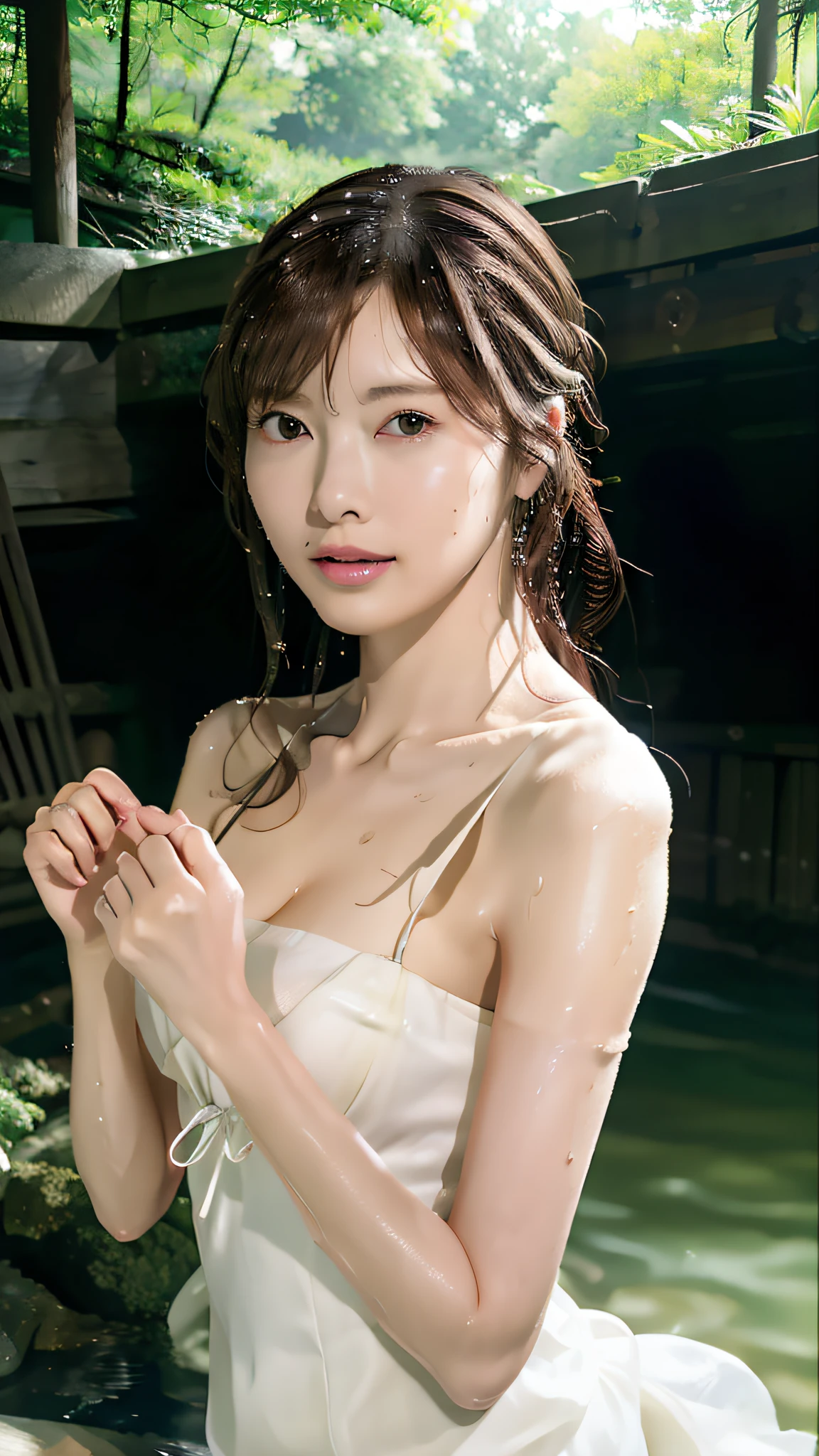 (Best Quality, masutepiece, Ultra HD: 1.3), 1womanl, (middlebreasts), light brown hair, (half updo) ,wetting hair,(slender body shape,Constricted waist), (Ultra Fine Face), Delicate lips,(beautidful eyes), thin blush, eyes are brown, (Wet and shiny skin:1.3), hide one's hands, (Wet:1.5),(a japanese girl,hposing Gravure Idol),bustshot,Broad-leaved forest,outdoor bath