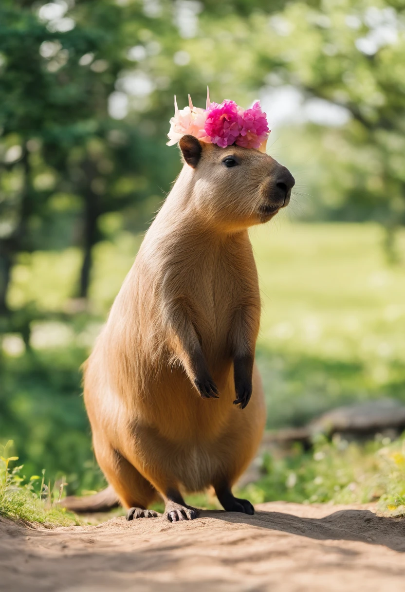 Real photos, photography, 65° viewing angle, real light and shadow, outdoor, close-up, lawn, sunny day, simple background, flowers, trees, realistic details, 8K high-definition pictures, circular platform::2, capybara, wearing crown on head
