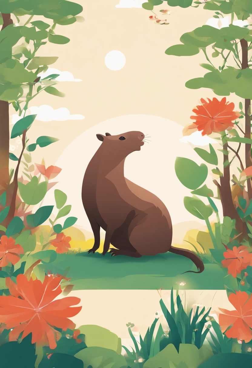 Real photos, photography, 65° viewing angle, real light and shadow, outdoor, close-up, lawn, sunny day, simple background, flowers, trees, realistic details, 8K high-definition pictures, circular platform::2, capybara, wearing crown on head