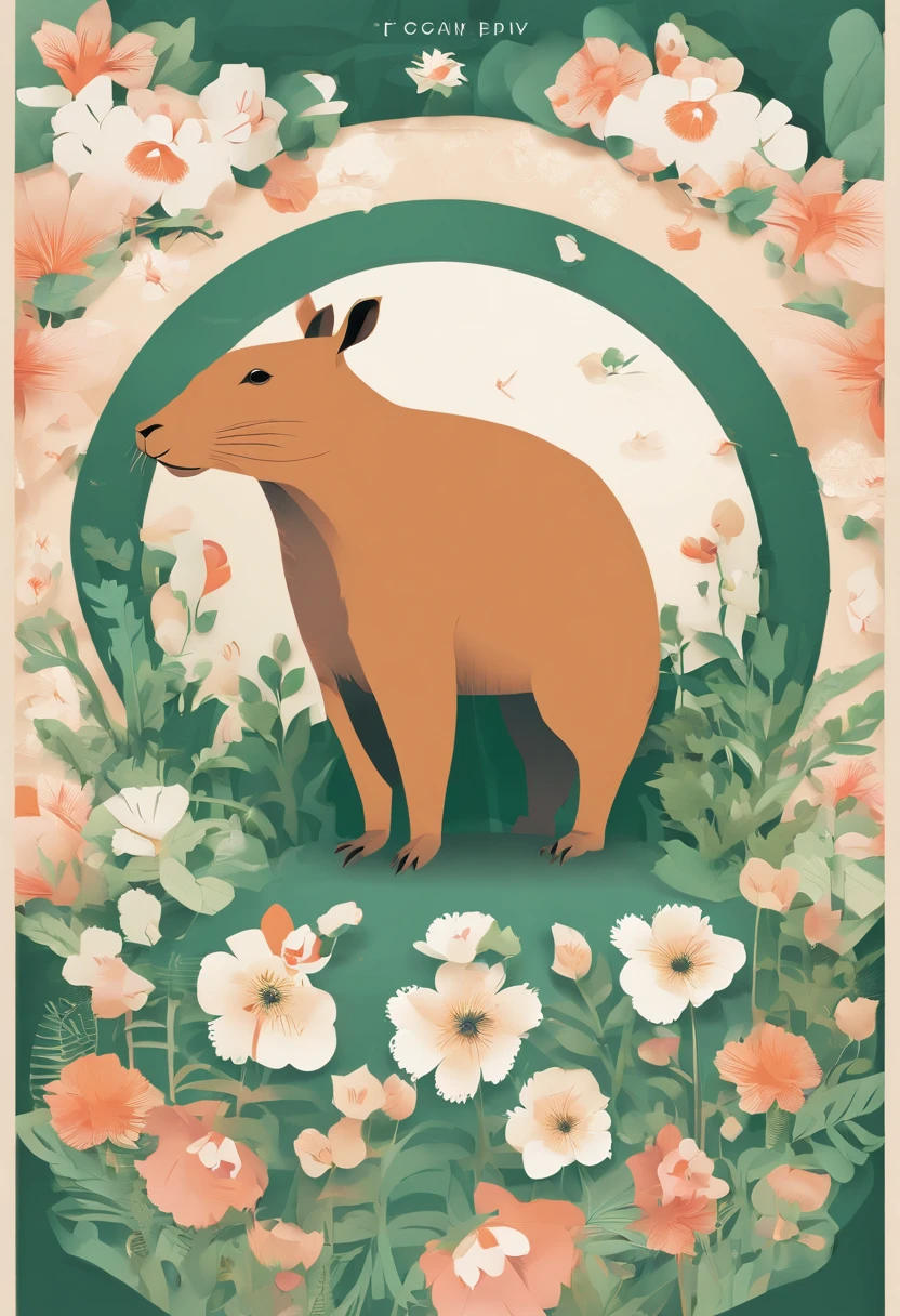 Real photos, photography, 65° viewing angle, real light and shadow, outdoor, close-up, lawn, sunny day, simple background, flowers, trees, realistic details, 8K high-definition pictures, circular platform::2, capybara, wearing crown on head