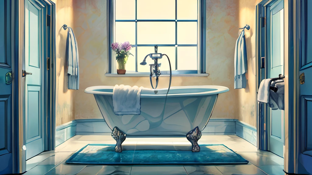 ((Masterpiece, hiquality, absurdress), (Masterpiece, Best Quality, hight resolution, Ultra-detailed), intricate detials, Modern stylish bathroom with large bathtub, A sink with a mirror above it, Toilet, Trouble, Light walls, Light ceiling, Light floor, Large carpet on the floor, clothes dryer, Bathrobe, Towel, towel shelf, toothbrush and toothpaste, Children's bathing circle, Flower on the windowsill, Without people, NOhumans,