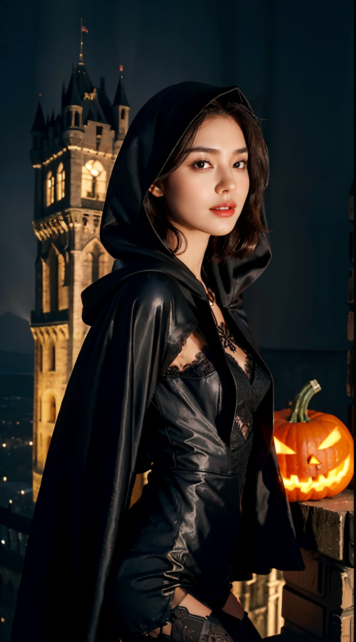 (shoulder length straight short black hair:0.9), （Extremely meticulous CG 8k wallpaper），（Extremely refined and beautiful），（Masterpiece），（best qualtiy：1.0），（Ultra High Resolution：1.0），beautiful light up，Perfect lightning，realistic shaded，[A high resolution]，Smooth and flawless fair skin，Extremely exquisite facial details,(perfect body:1.1），ultra - detailed,A beautiful girl,small head,(Small breasts:1.1),Flat chests,slim,thin,Smile,cheerfulness,(Gorgeous black hooded cloak:1.5),(maxi Gorgeous black lace dress:1.3),(stockings:1.4),(high heels:1.3),(on castle tower:1.5),halloween night,night scene,(pumpkin:1.3),(many bats flying in air:1.2),Portrait photo,from front,cowboy shot,(close shot:1.2),(upper body:1.2),standing