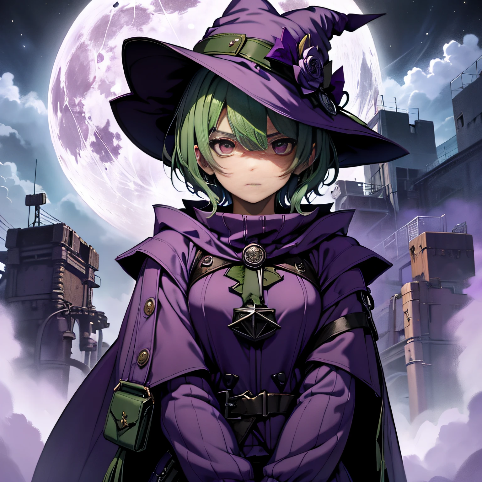 top-quality、extremely delicate and beautiful、(A teenage girl)、Purple Eye、Green hair、short-haired、(purple witch hat)、Purple tie、Tactical Vest、Soio、shortsleeves、Purple skirt、Purple Wizard Robe、Navel、is standing、Facing the front、Expression of hatred、Full moon night on background、Only eyes
