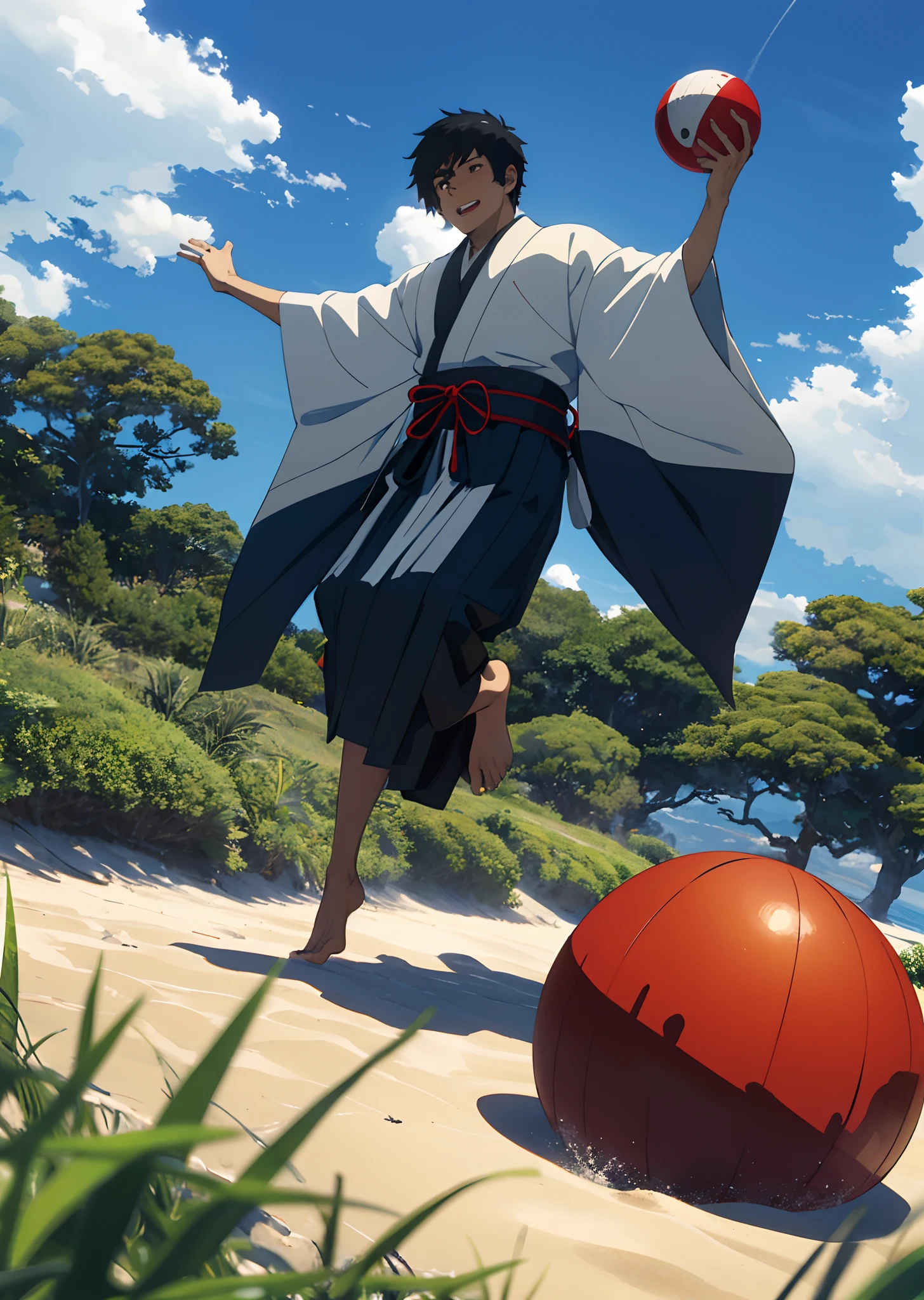 Anime young man in his 20s. He wears a samurai's hakama, has straight black hair in a medium bob, and has a red face. Ride on top of a giant transparent beach ball. The ground is grass and the vast blue sky stretches out in the background.