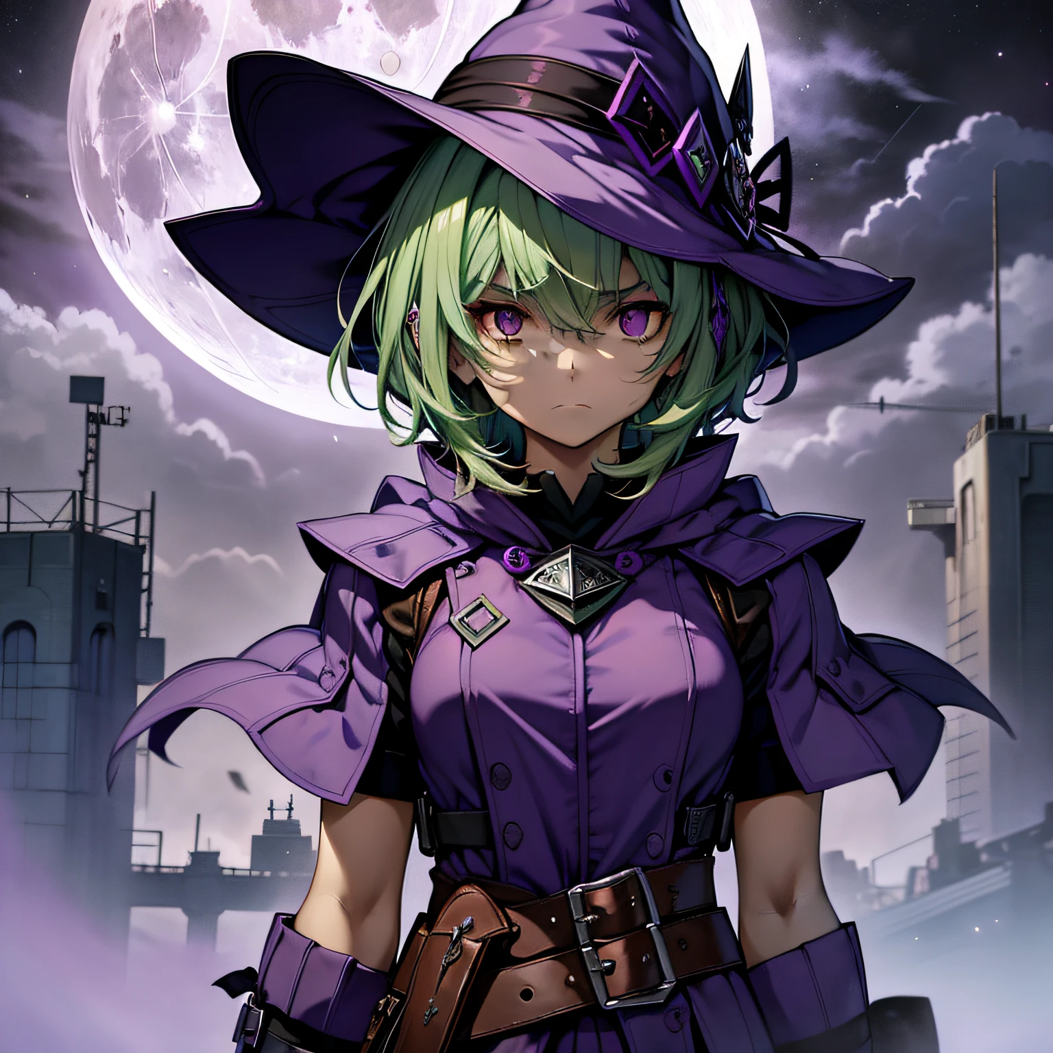 top-quality、extremely delicate and beautiful、(A girl)、Purple Eye、Green hair、short-haired、(purple witch hat)、Purple tie、Tactical Vest、Soio、shortsleeves、Purple skirt、Purple Wizard Robe、Navel、is standing、Facing the front、Expression of hatred、Full moon night on background、Only eyes