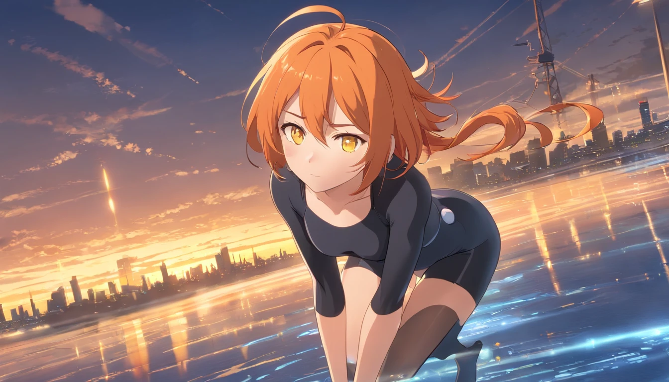1 female、Orange hair、Big、Big butt、Black catsuit、yellow eyes、thick and large thighs,、Short Bob、fart
