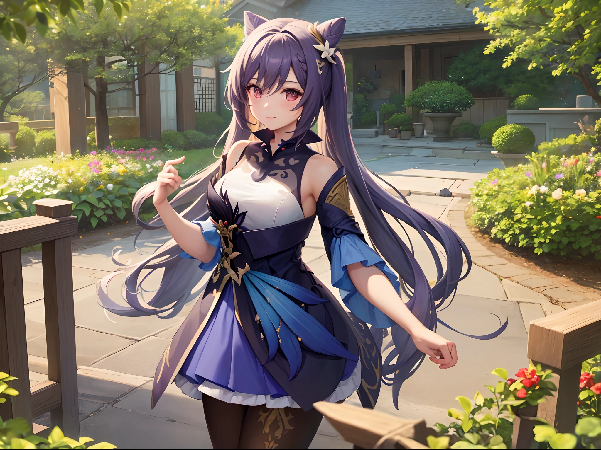 anime girl, Purple cat ears, long hair, beautiful clothes, Gouvez style, 4K Clarity, cg station pop, Antique architecture, Seductive Girl, attractive, genshin keru, animation style, 8K, beautiful anime girl, Girl Front.