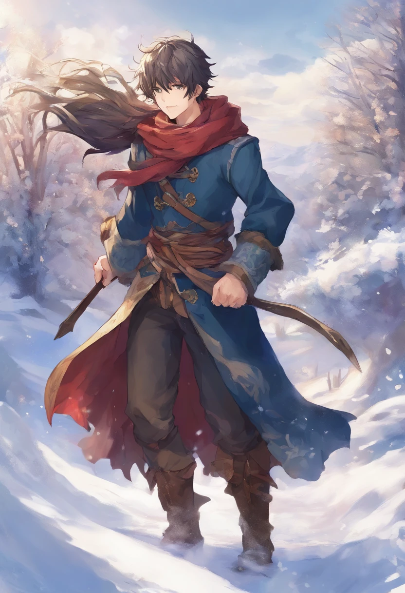 The handsome young man buried his face in a scarf,Stand on the snow,Rub your hands,style of anime ,in a panoramic view,long whitr hair