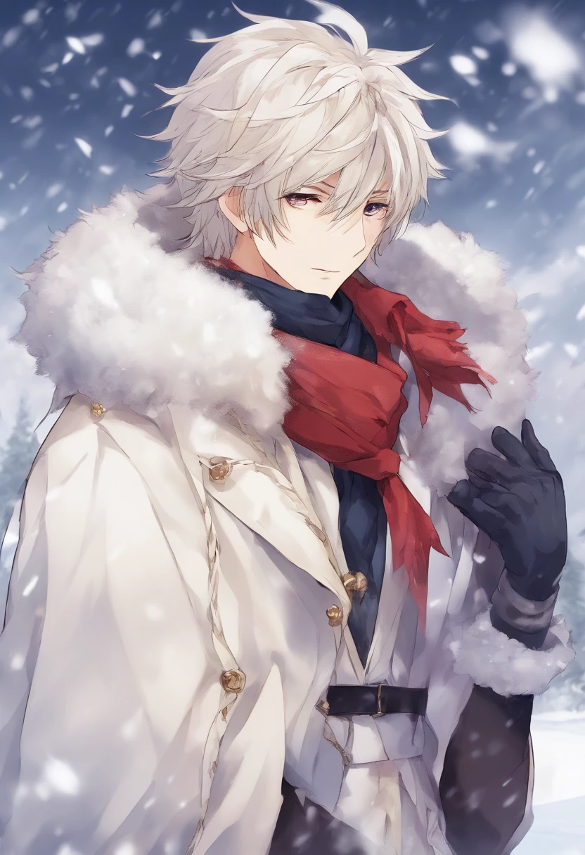 The handsome young man buried his face in a scarf,Stand on the snow,Rub your hands,style of anime ,in a panoramic view,long whitr hair