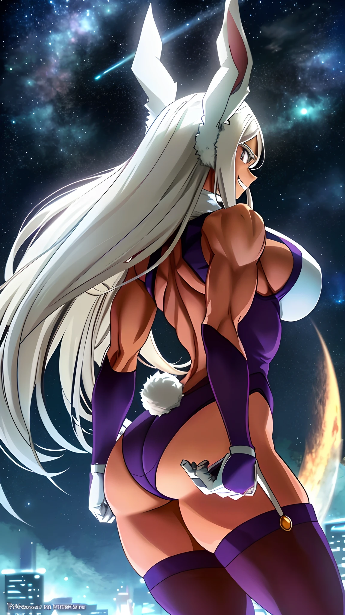 [Miruko; Boku no hiro academia], [Uploaded to rule34.xxx; (shosho_oekaki), (shoganight), (kingmaster)], ((masterpiece)), ((HD)), ((solo portrait)), ((back view)), ((ass focus)), ((anime)), ((detailed soft shading)), ((beautiful render art)), ((cinematic lighting)), {Miruko; (dark skin), maroon eyes, long white hair, long white bunny ears, small fluffy white bunny tail, large boobs), (gorgeous wide hips), (muscular legs), (thick thighs), (muscular calves), (defined arm muscles), (smug smirk), (white teeth)}, {hero costume), (fluffy collar), (purple thigh-highs), white bracers}, {(dynamic pose), (standing), (arms at side), (on top of skyscraper), (looking back)}, [Background; (starry sky), (full moon), (skyscrapers)]