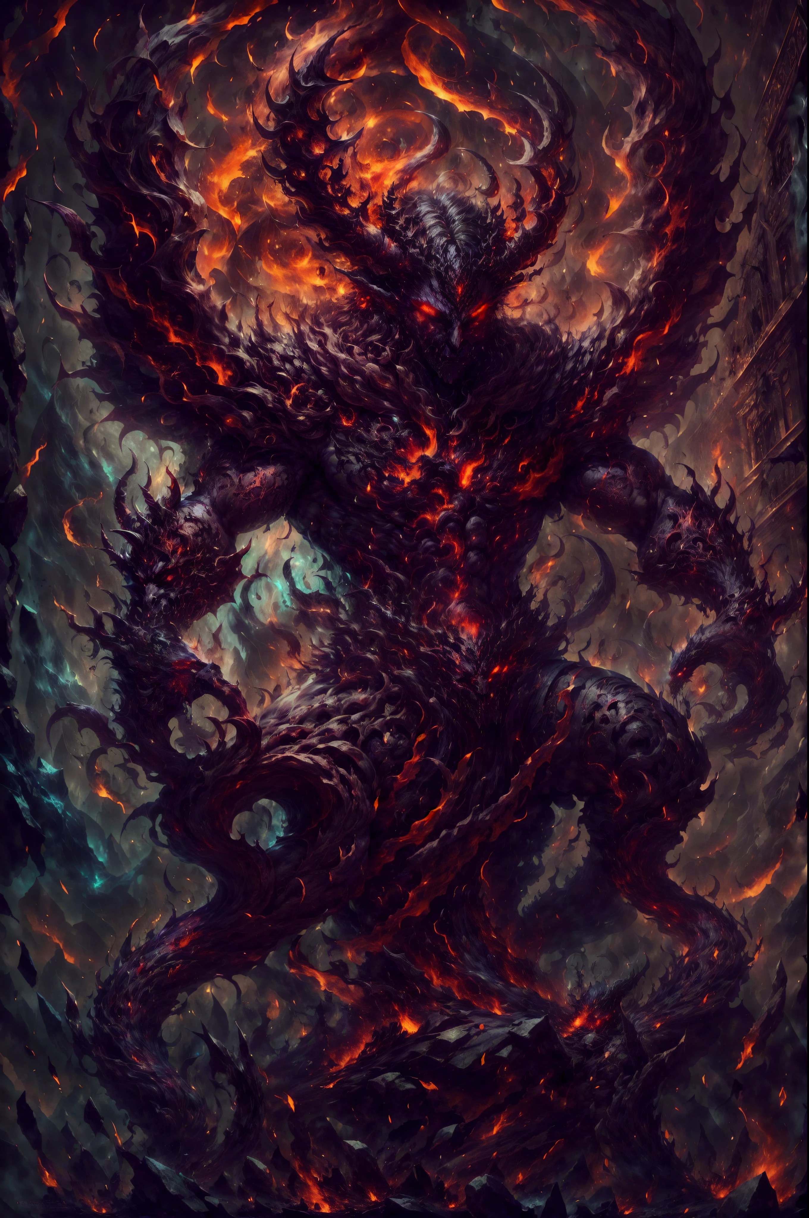 (highres,realistic,1girl)A humanoid devil with a fierce face, possessing beautiful detailed eyes and lips, and an extremely detailed face. The devil is shown with long eyelashes, exuding a sense of danger and power. Its skin has a red and black color, giving it a demonic appearance. The devil's body is fit and muscular, radiating strength. It is adorned with intricate tattoos covering the arms and chest, giving it a sinister and mysterious aura. The devil's attire consists of dark, torn robes that flow with an ethereal quality.

The devil's most striking features are the big burning demon wings, which stretch out majestically from its back. The wings are engulfed in flames and emit an intense heat, creating an atmosphere of chaos and destruction. Each feather of the wings is delicately sculpted and shines with vibrant colors, adding to the demonic presence.

The devil is crowned with a pair of large horns that curve upward, adding to its menacing appearance. These horns are adorned with intricate engravings, making them a symbol of power and dominance. Additionally, a sharp thorn runs through the devil's body, representing pain and suffering.

The environment surrounding the devil is a hellish landscape, with flames and lava creating an intense, fiery atmosphere. The air is filled with smoke and ash, further enhancing the feeling of a demonic realm. The lighting in the scene is dim and eerie, casting long shadows and highlighting the devil's features.

Overall, this artwork is a masterpiece, showcasing the depth and realism of the devil's presence. The use of ultra-detailed design, realistic rendering techniques, and vivid colors brings this demonic figure to life, leaving a lasting impression on the viewer.
