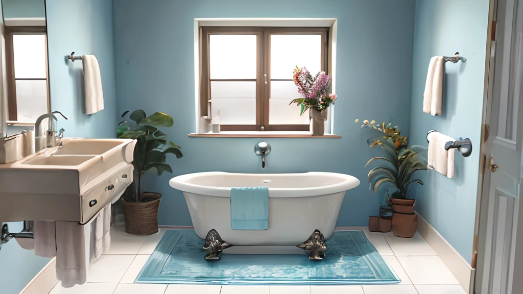 ((Masterpiece, hiquality, absurdress), (Masterpiece, Best Quality, hight resolution, Ultra-detailed), intricate detials, Modern stylish bathroom with large bathtub, A sink with a mirror above it, restroom,  Light walls, Light ceiling, Light floor, Large carpet on the floor, clothes dryer, bathrobe, Towel, Towel shelf, toothbrush and toothpaste, Children's bathing circle, Flower on the windowsill, Without people, NOhumans,