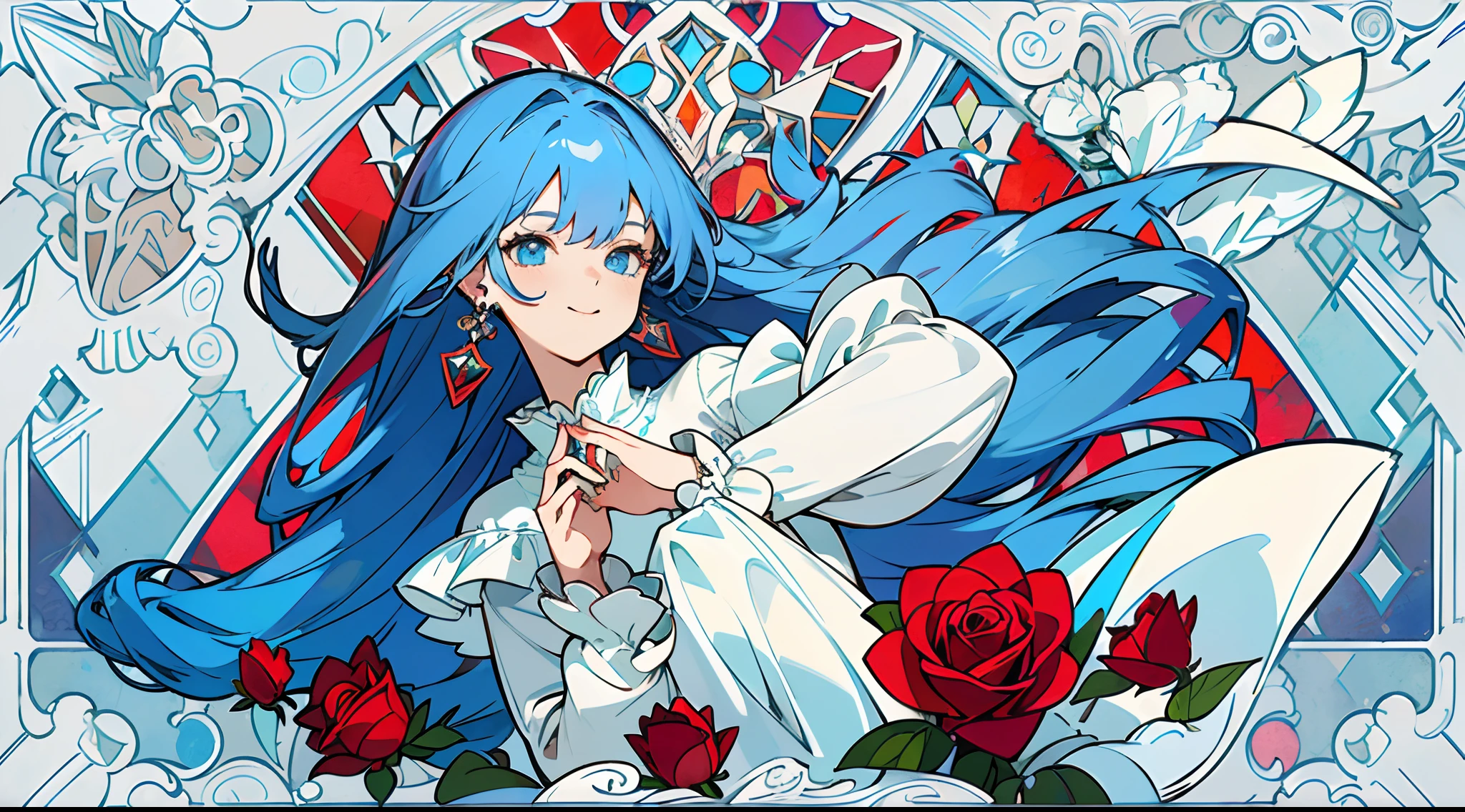 (The skin is not exposed, Long sleeve blouse with ruffles), (Solo), Very cute girl (1), Colorful stained glass on background, Classic, A lot of red roses,Rose vine, ((Super long blue hair, Earring Color)), (Super smile), Dynamism, (Blue eyes), (kirakira) (Detail Objects)Close-up angle of the face
