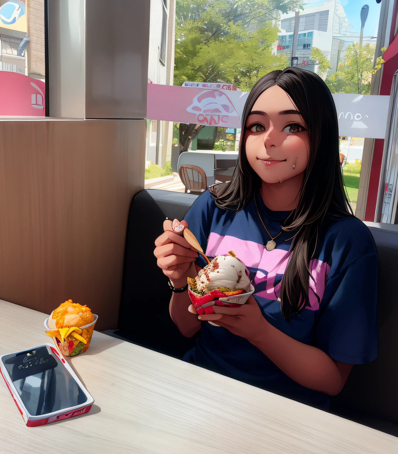 There's a girl sitting at a table eating ice cream, comer sorvete, sorvete ao lado, comer sorvete - creme, garotada, Comer, E - Menina, e-menina, em um sino de taco, dia das bruxas, imagem de perfil, Directed by: Emma Andijewska, foto de perfil, exclusivo, fast food review, Violeta Myers, delicioso