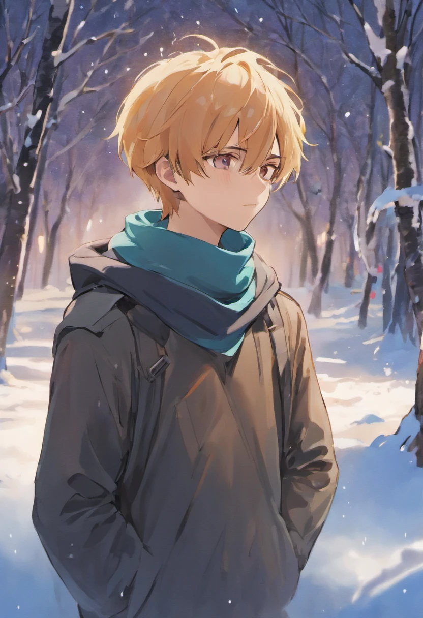The handsome young man buried his face in a scarf,Stand on the snow,Rub your hands together,style of anime ,in a panoramic view