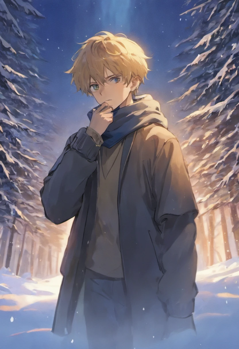 The handsome young man buried his face in a scarf,Stand on the snow,Rub your hands together,style of anime ,in a panoramic view