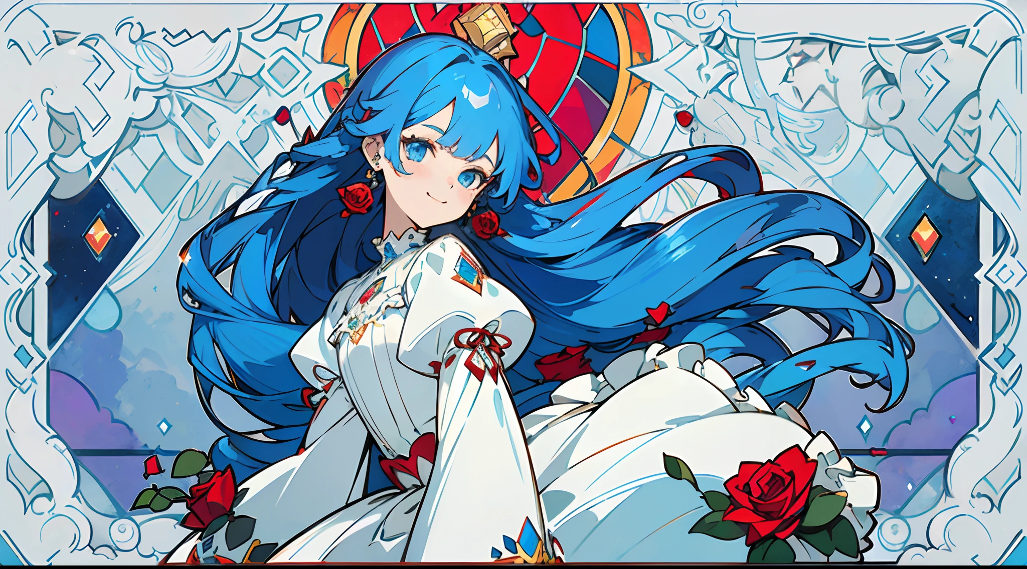 (The skin is not exposed, Long sleeve blouse with ruffles), (Solo), Very cute girl (1), Colorful stained glass on background, Classic, A lot of red roses,Rose vine, ((Super long blue hair, Earring Color)), (Super smile), Dynamism, (Blue eyes), (kirakira) (Detail Objects)Close-up angle of the face