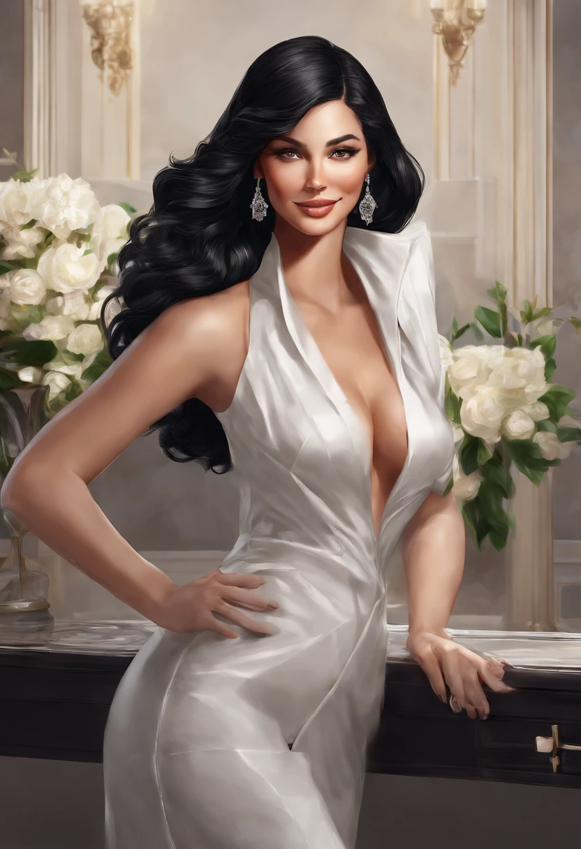 1 lady, black hair, big breasts, seductive smile