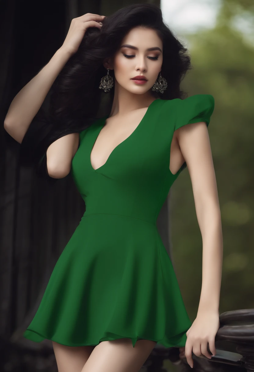 Green Mini Dress, Chest Opening, One Piece, Slim, Semi-Long, Black Hair, Curl at the End