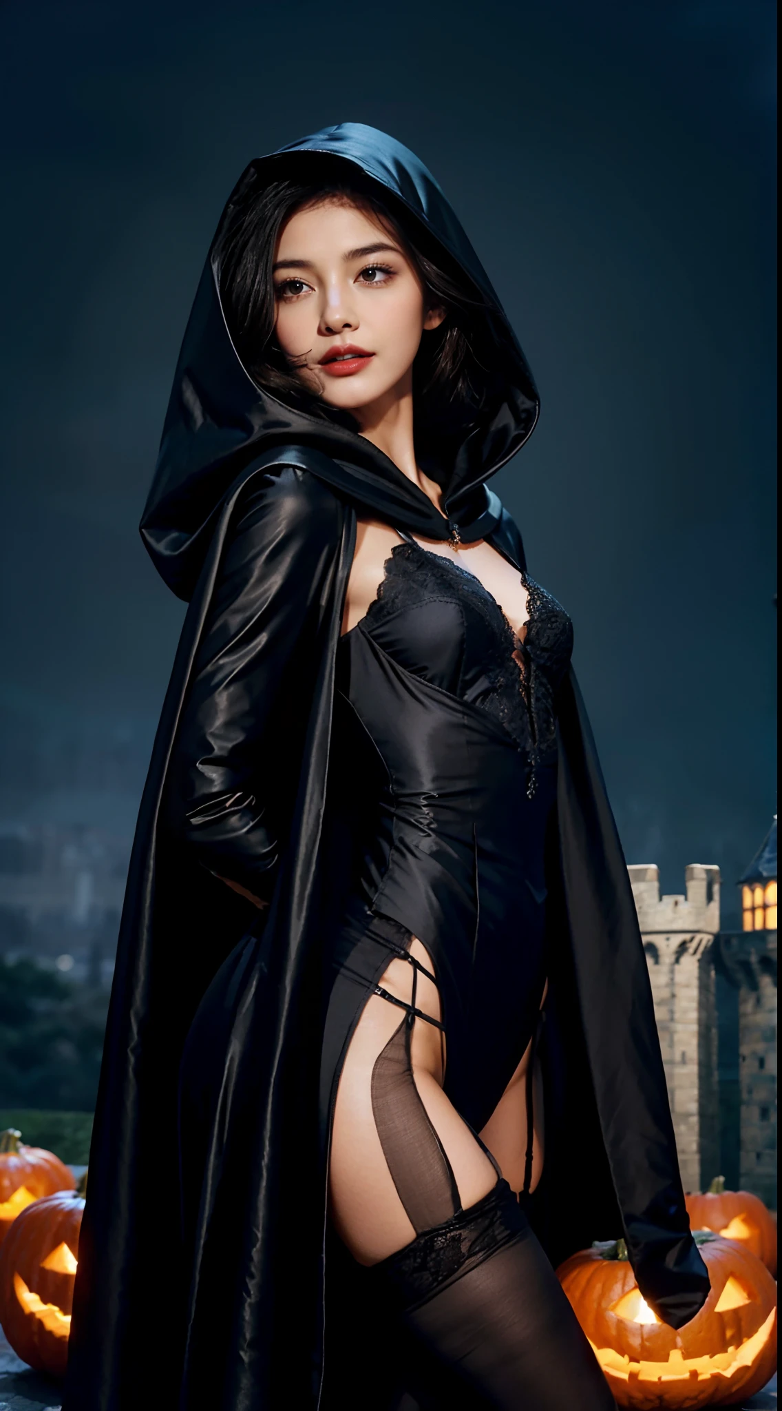 (shoulder length straight short black hair:0.9), （Extremely meticulous CG 8k wallpaper），（Extremely refined and beautiful），（Masterpiece），（best qualtiy：1.0），（Ultra High Resolution：1.0），beautiful light up，Perfect lightning，realistic shaded，[A high resolution]，Smooth and flawless fair skin，Extremely exquisite facial details,(perfect body:1.1），ultra - detailed,A beautiful girl,small head,(Small breasts:1.1),Flat chests,slim,thin,Smile,cheerfulness,(Gorgeous black hooded cloak:1.5),(maxi Gorgeous black lace dress:1.3),(stockings:1.4),(high heels:1.3),(on castle tower:1.5),(halloween night:1.3),night scene,(pumpkin:1.3),(many bats flying in air:1.2),Portrait photo,from front,(cowboy shot:1.2),(close shot:1.2),(upper body:1.2),standing