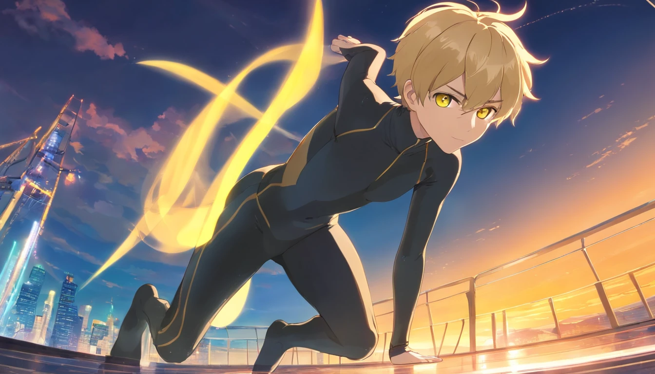 1 male human、a blond、buttock、Black bodysuit、shoun、short-haired、yellow  eyes