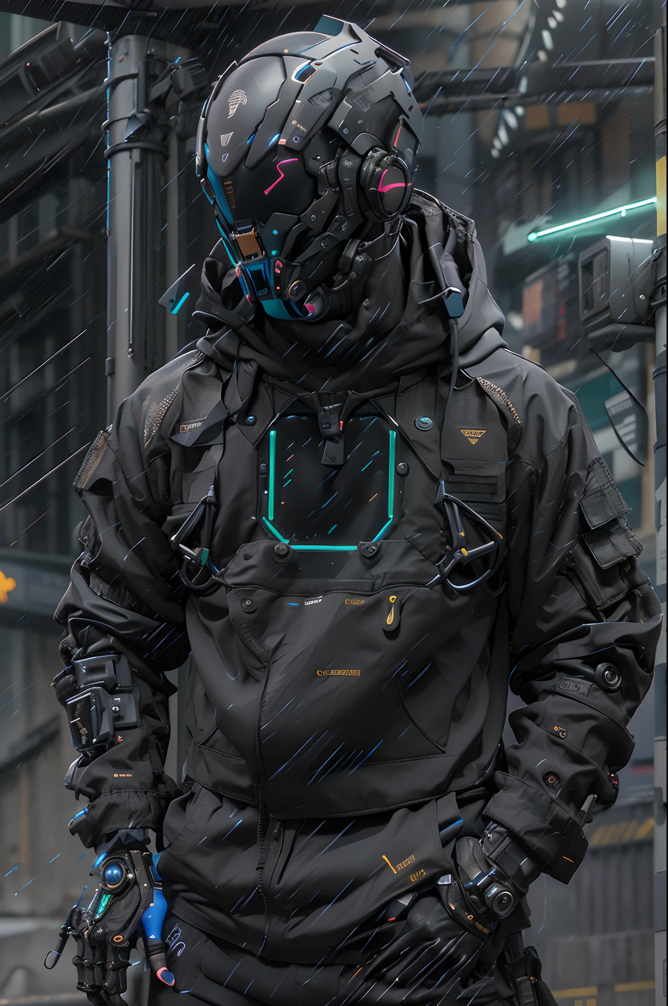(obra maestra, plano de cuerpo completo, Intricate raw photography)Ciudadano cyberpunk, Oversized extra asymmetrical black hoodie, pantalones cargo negros, ropa negra, oscura, tactical gloves, el lleva puesto un cyberhelmet futurista color ????? de alta tecnologia, brillante, algo parecido a daftpunk,  muy intrincado, Small LED details, Advanced technology closed helmet, ambiente oscuro, dramatico, luz y sombra, ((Kinematic, Black neon,))  action film, nitidez, neon-noir ciudad moderna, street neon lights, calle oscura, noche, foto de Insta, Photo of the Year, Epic resolution, Epic Quality, Epic sharpness, Intrincada epopeya,urban techwear,Reelmech