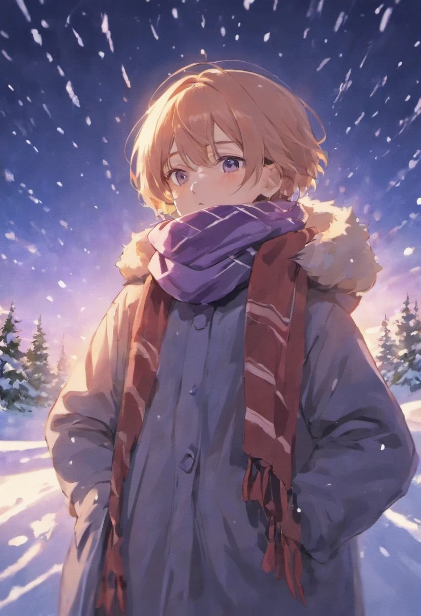 Handsome youth，Face buried in scarf，Stand on the snow，in a panoramic view，Rub your hands together，style of anime