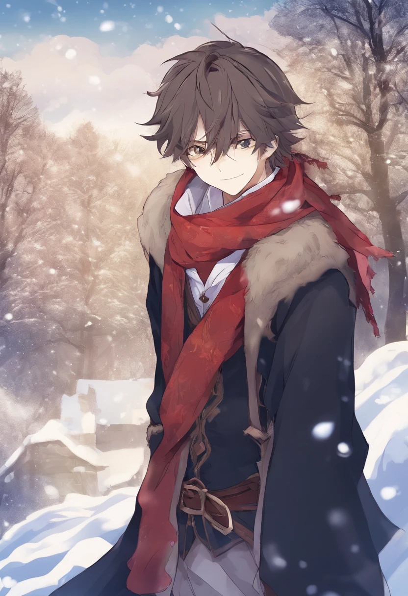 The handsome young man buried his face in a scarf,Stand on the snow,Rub your hands,style of anime ,in a panoramic view,cabelos preto e longos