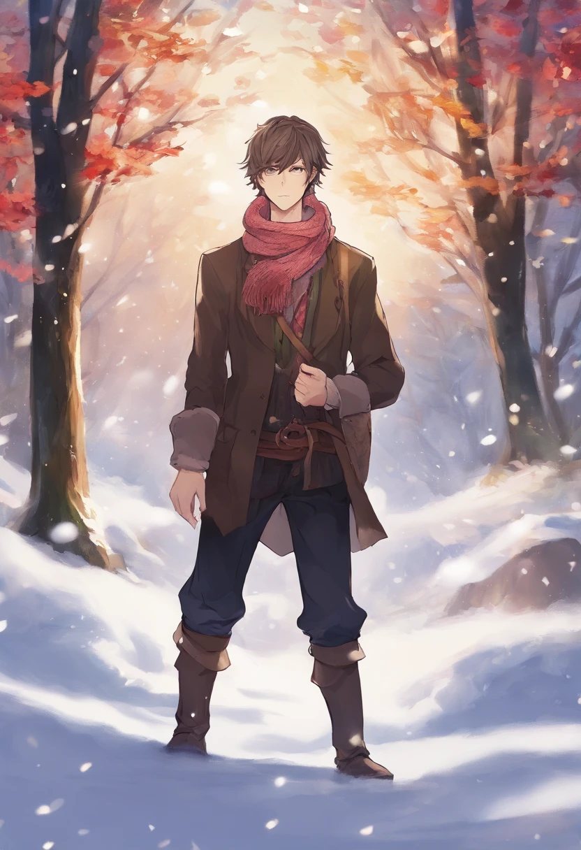 The handsome young man buried his face in a scarf,Stand on the snow,Rub your hands,style of anime ,in a panoramic view,cabelos preto e longos